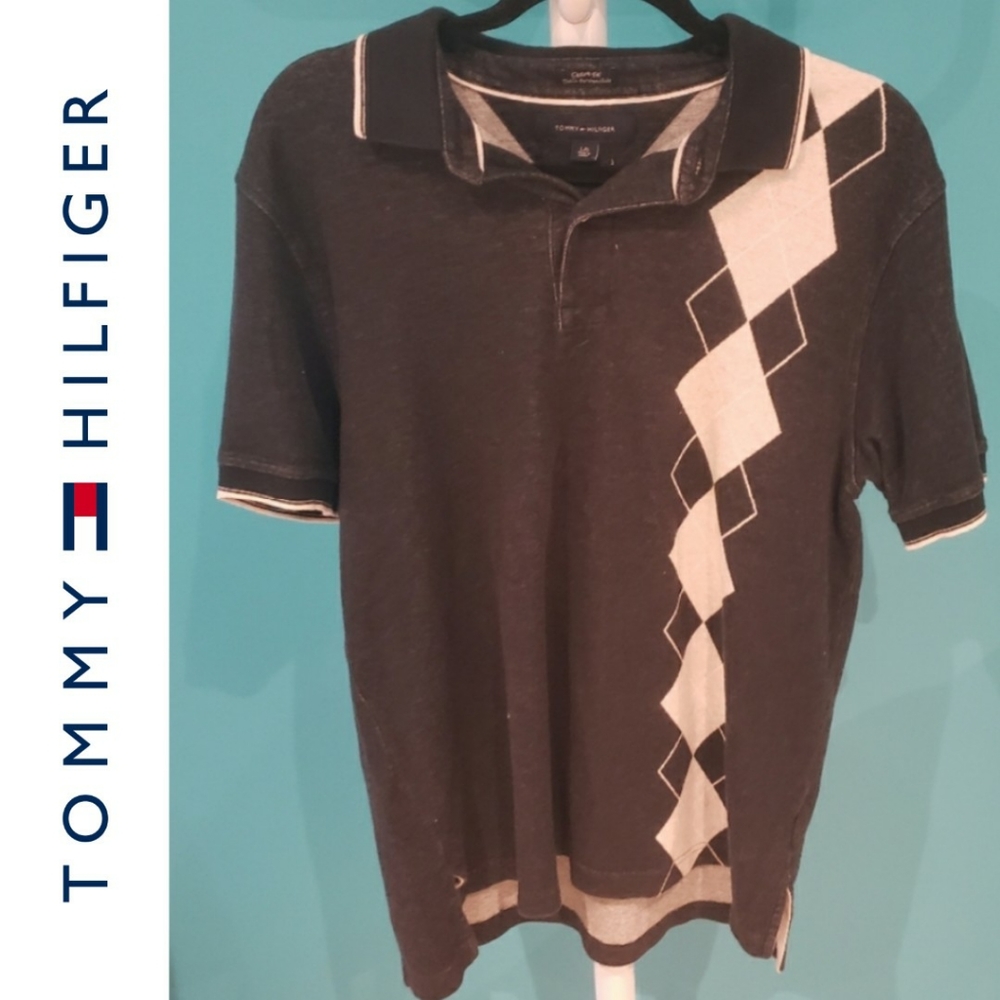 Tommy Hilfiger Dark Grey White Argyle Short Sleeve Cotton Polo